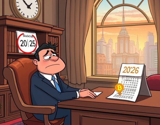 Cartoon illustrating the delay of the crypto market structure bill to 2026, showing bureaucratic frustration and blockchain hope.