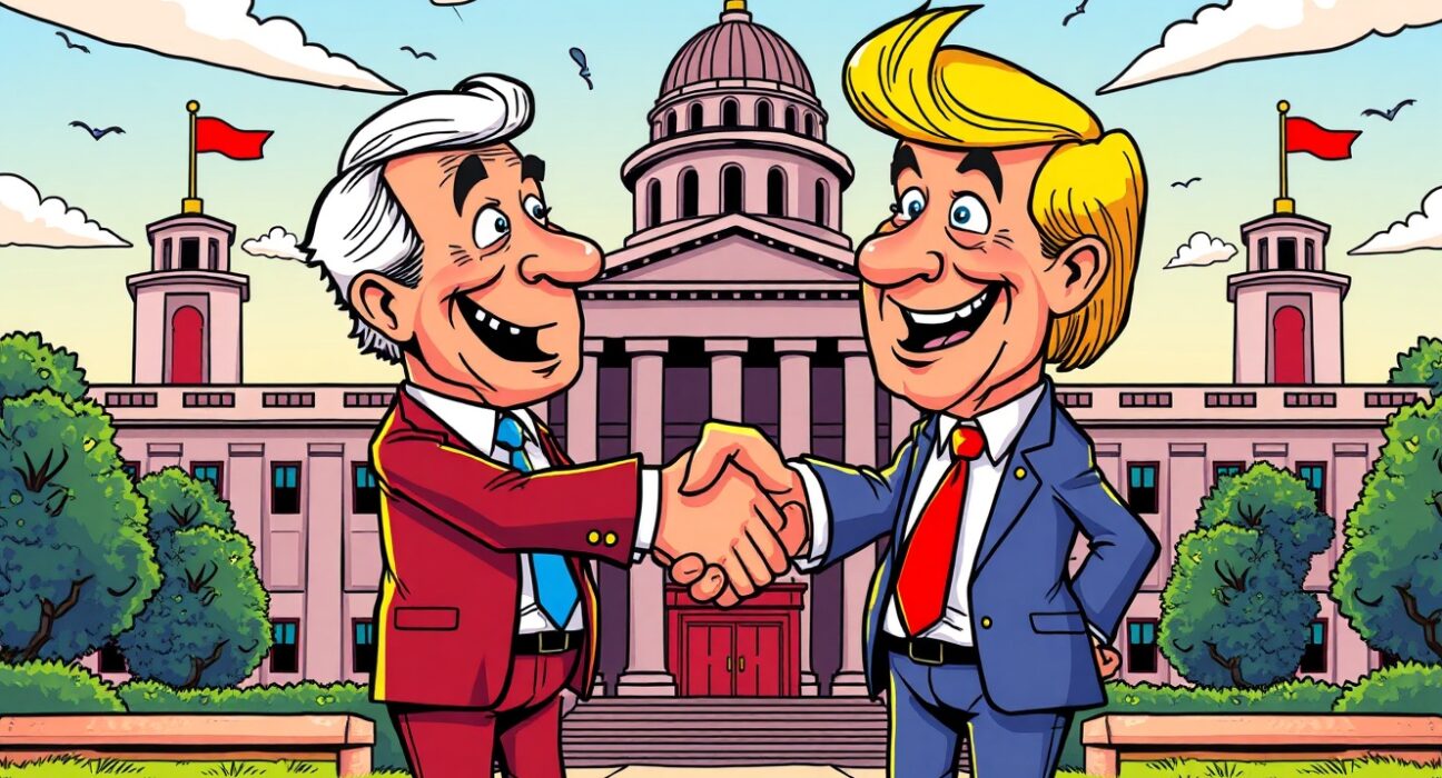 Senate GOP Leader Thune political compromise illustration showing bipartisan cooperation ending government shutdown