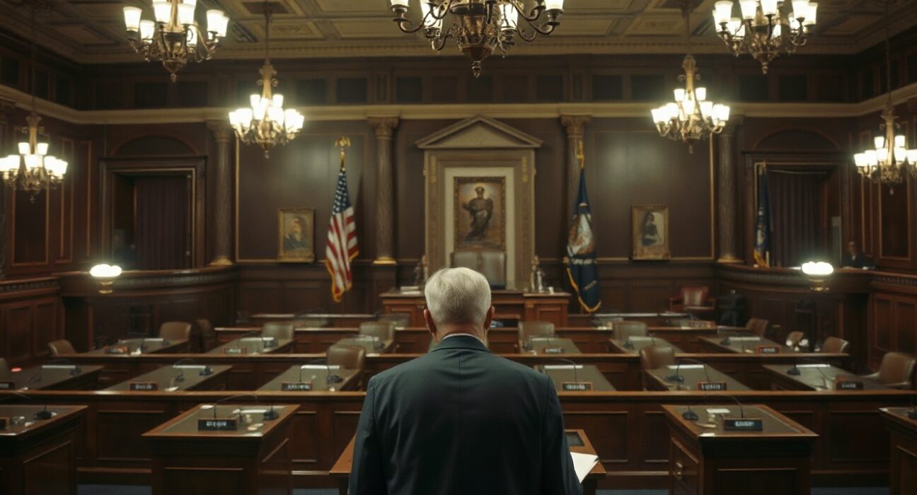 Senator Angela Alsobrooks speaking at a podium in the U.S. Senate chamber during a legislative session