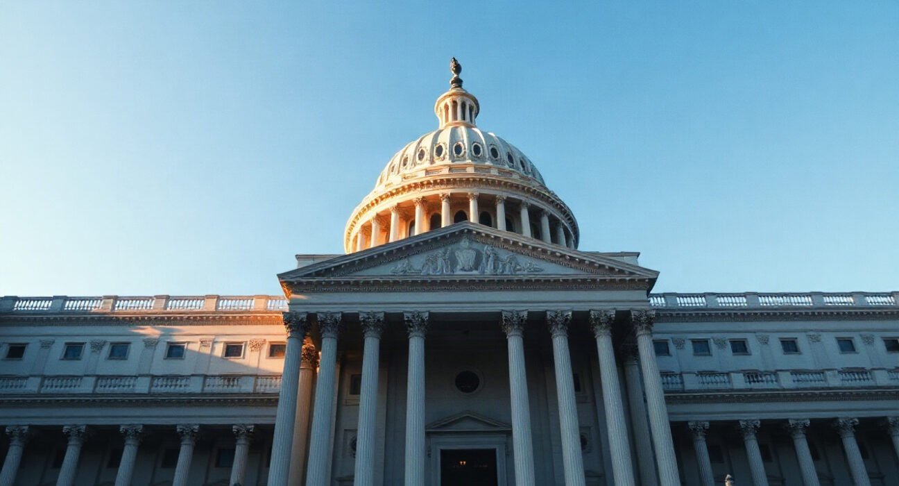 U.S. Capitol Building in Washington D.C. during golden hour, representing ongoing legislative debates on crypto regulation.
