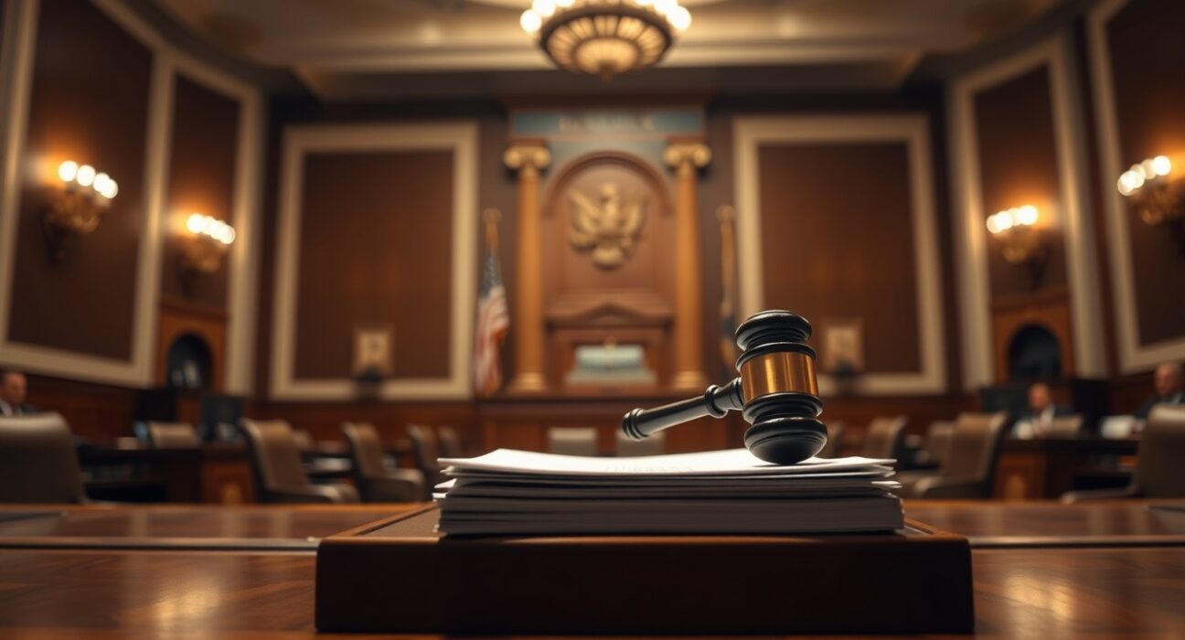 U.S. Senate hearing room with a gavel and documents on a desk, representing regulatory oversight of Meta's stablecoin plans.
