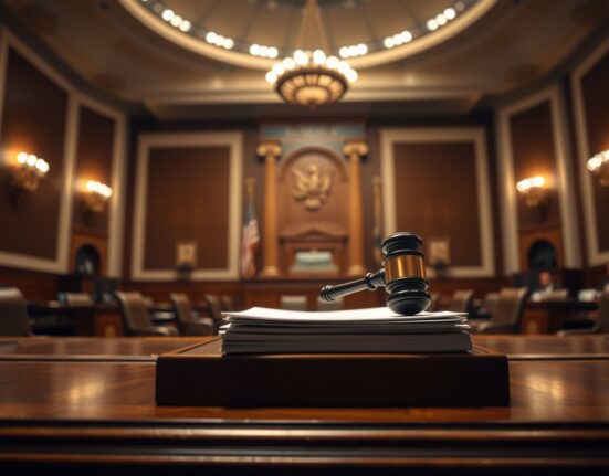 U.S. Senate hearing room with a gavel and documents on a desk, representing regulatory oversight of Meta's stablecoin plans.