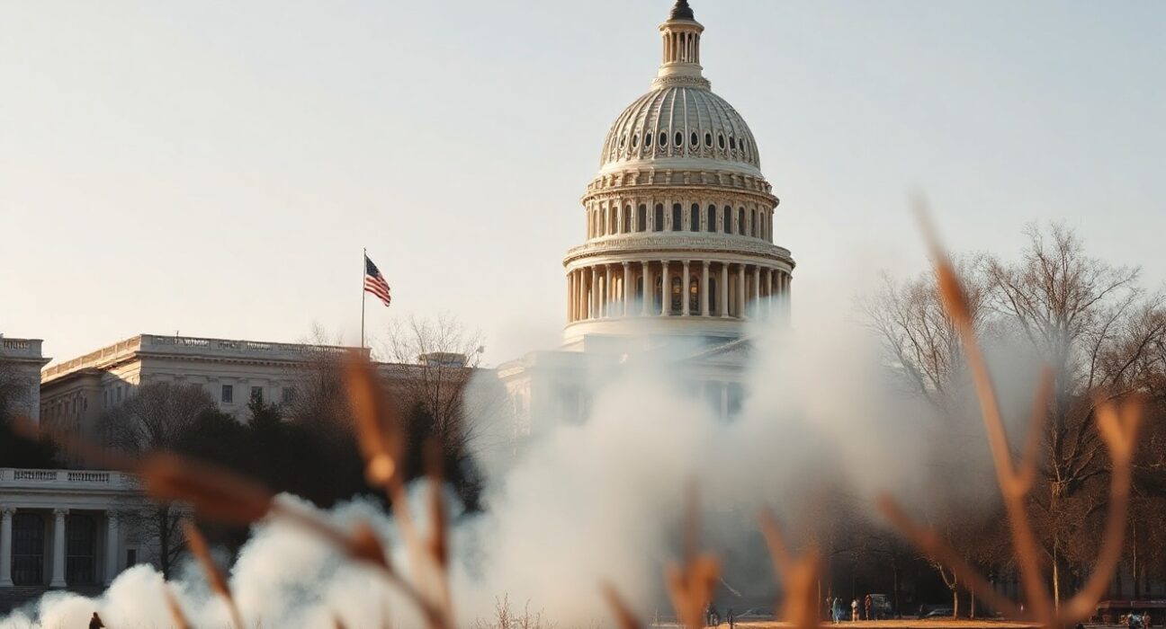 U.S. Capitol Building with wildfire smoke in the distance, representing wildfire prediction market regulation.