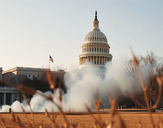 U.S. Capitol Building with wildfire smoke in the distance, representing wildfire prediction market regulation.