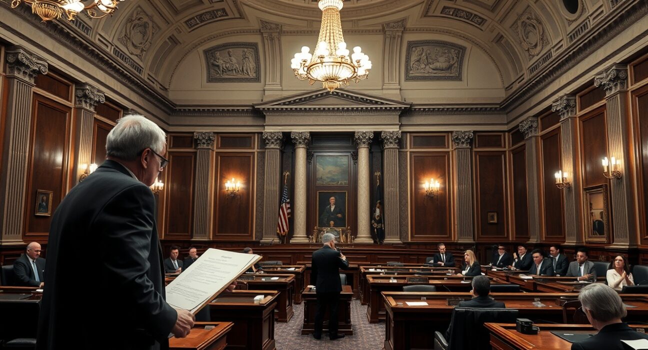 U.S. Senate chamber during a legislative session with a senator holding a document, representing proposed crypto regulation amendments.