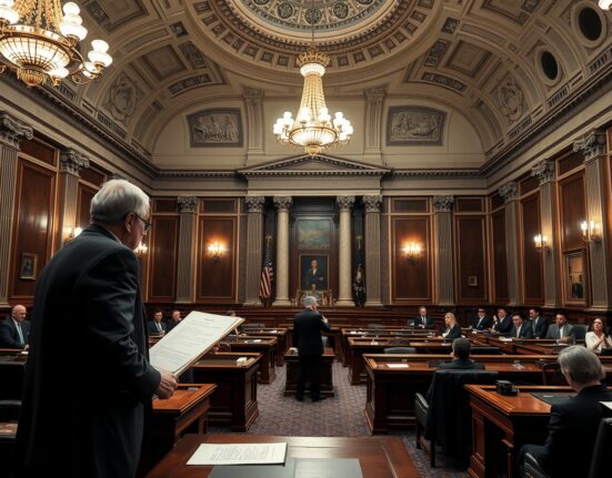 U.S. Senate chamber during a legislative session with a senator holding a document, representing proposed crypto regulation amendments.