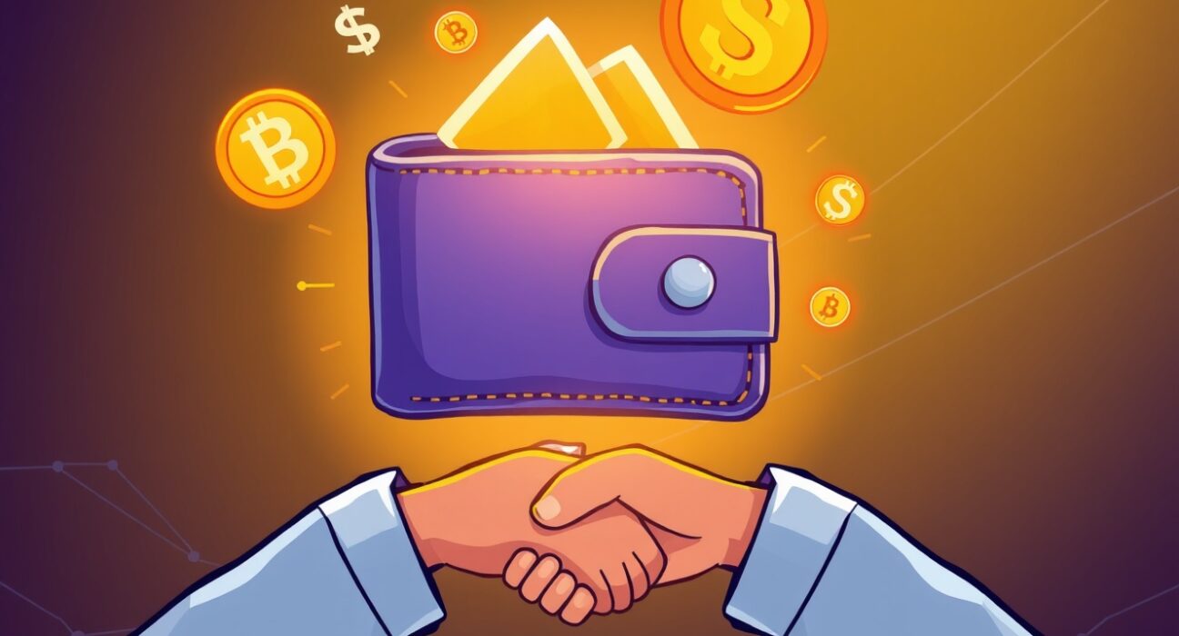 A vibrant cartoon illustration showing a successful funding deal for a Senp crypto wallet platform, symbolizing growth and innovation in digital asset management.