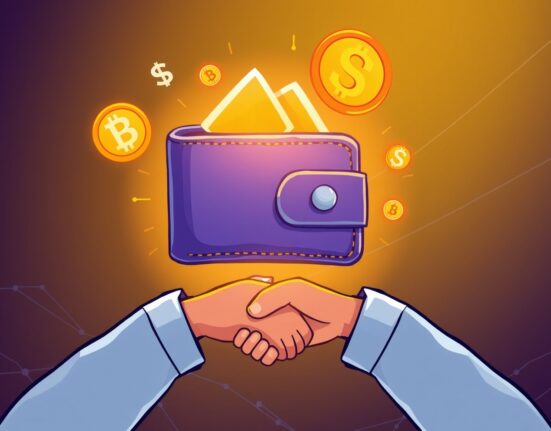 A vibrant cartoon illustration showing a successful funding deal for a Senp crypto wallet platform, symbolizing growth and innovation in digital asset management.