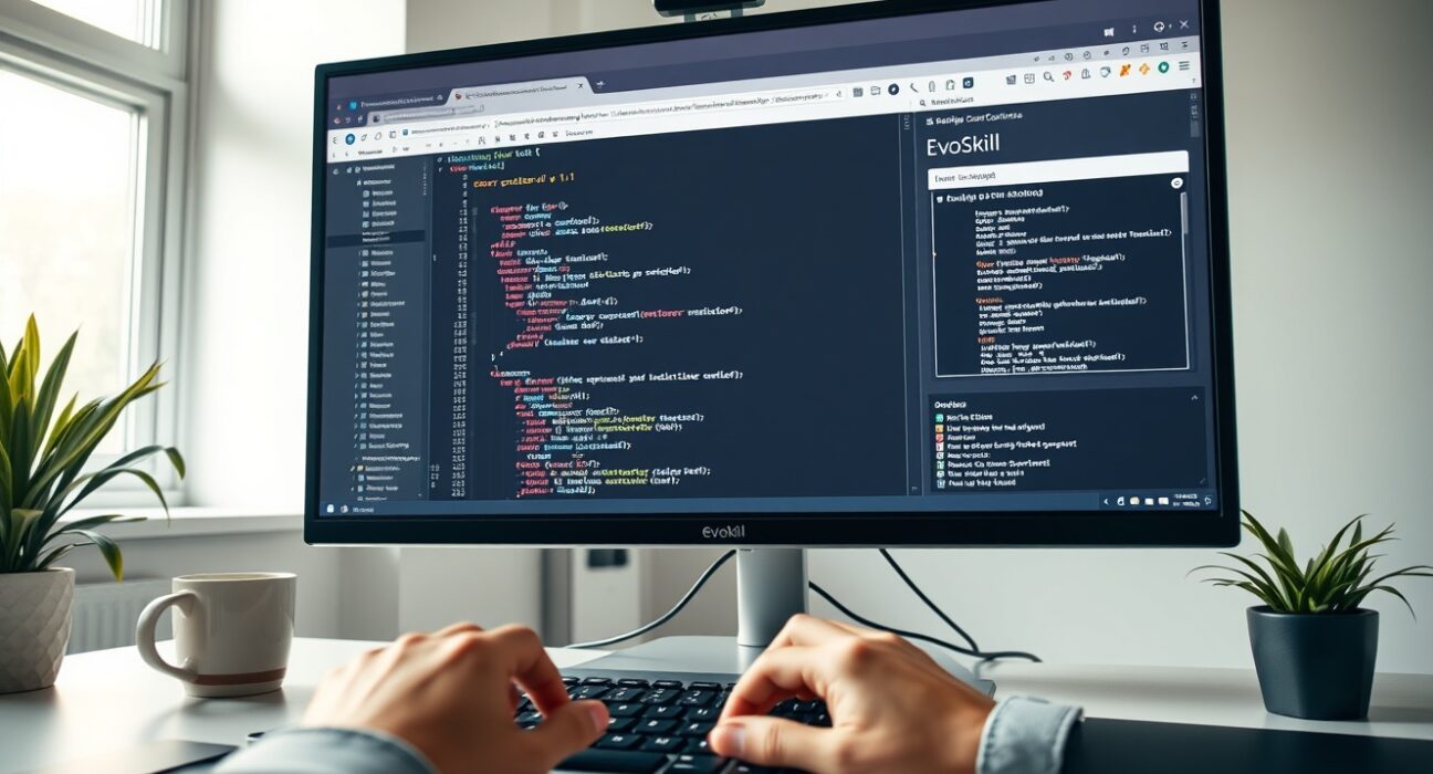 Developer coding with EvoSkill v1.1 open-source AI toolkit on monitor