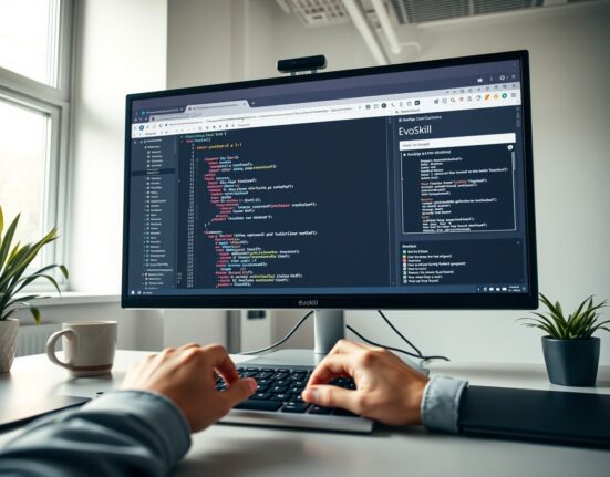 Developer coding with EvoSkill v1.1 open-source AI toolkit on monitor