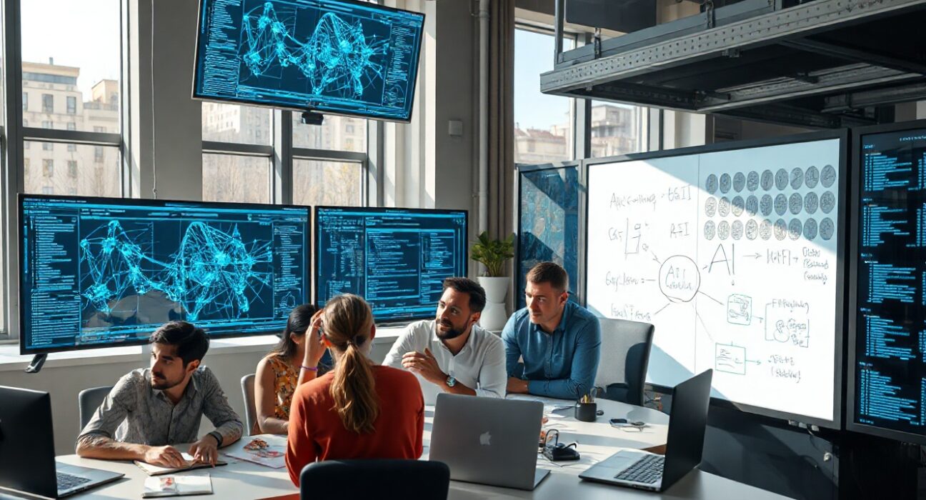 Developers and researchers collaborating in a modern lab on open-source AGI projects