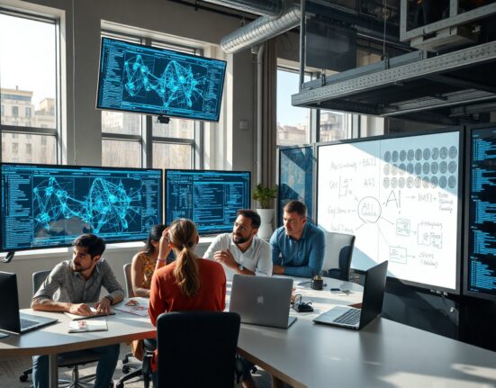 Developers and researchers collaborating in a modern lab on open-source AGI projects