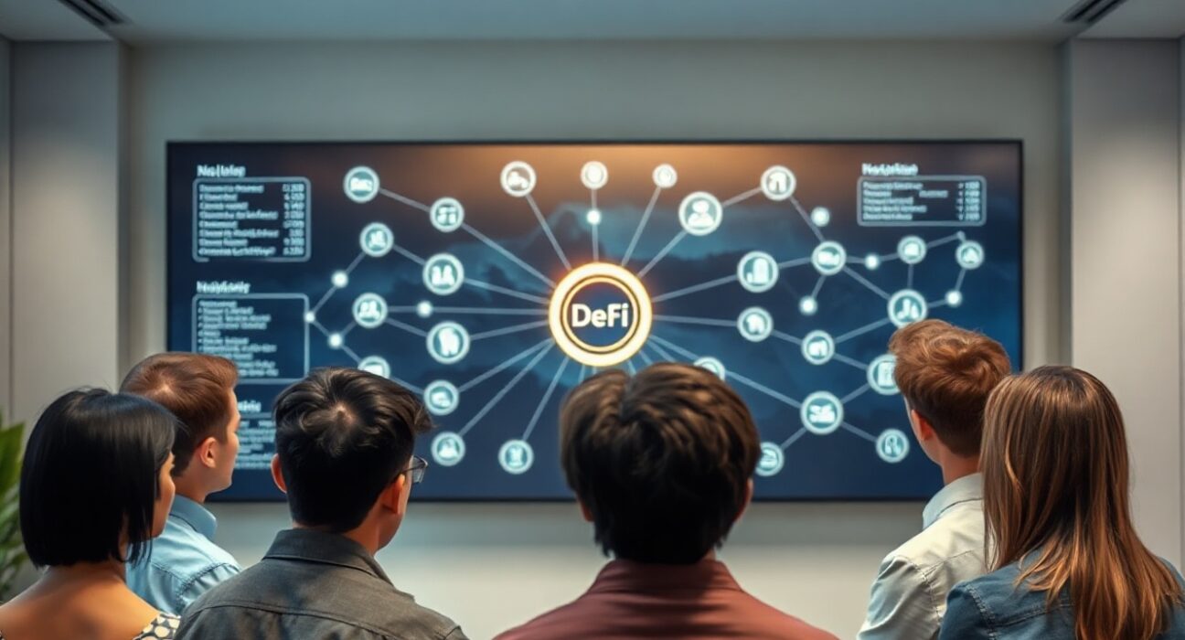 Team of analysts reviewing a unified DeFi network visualization on a large screen in a modern office