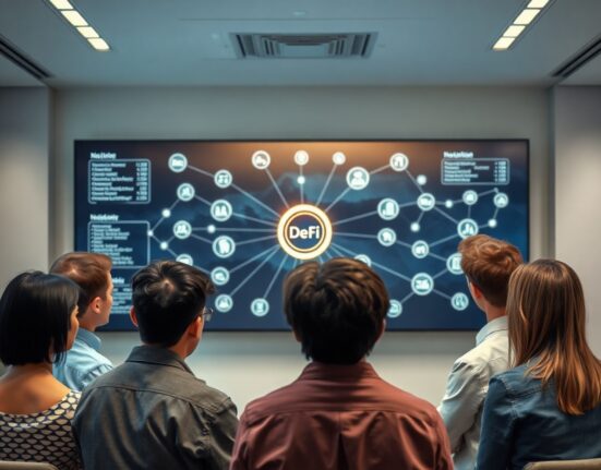 Team of analysts reviewing a unified DeFi network visualization on a large screen in a modern office