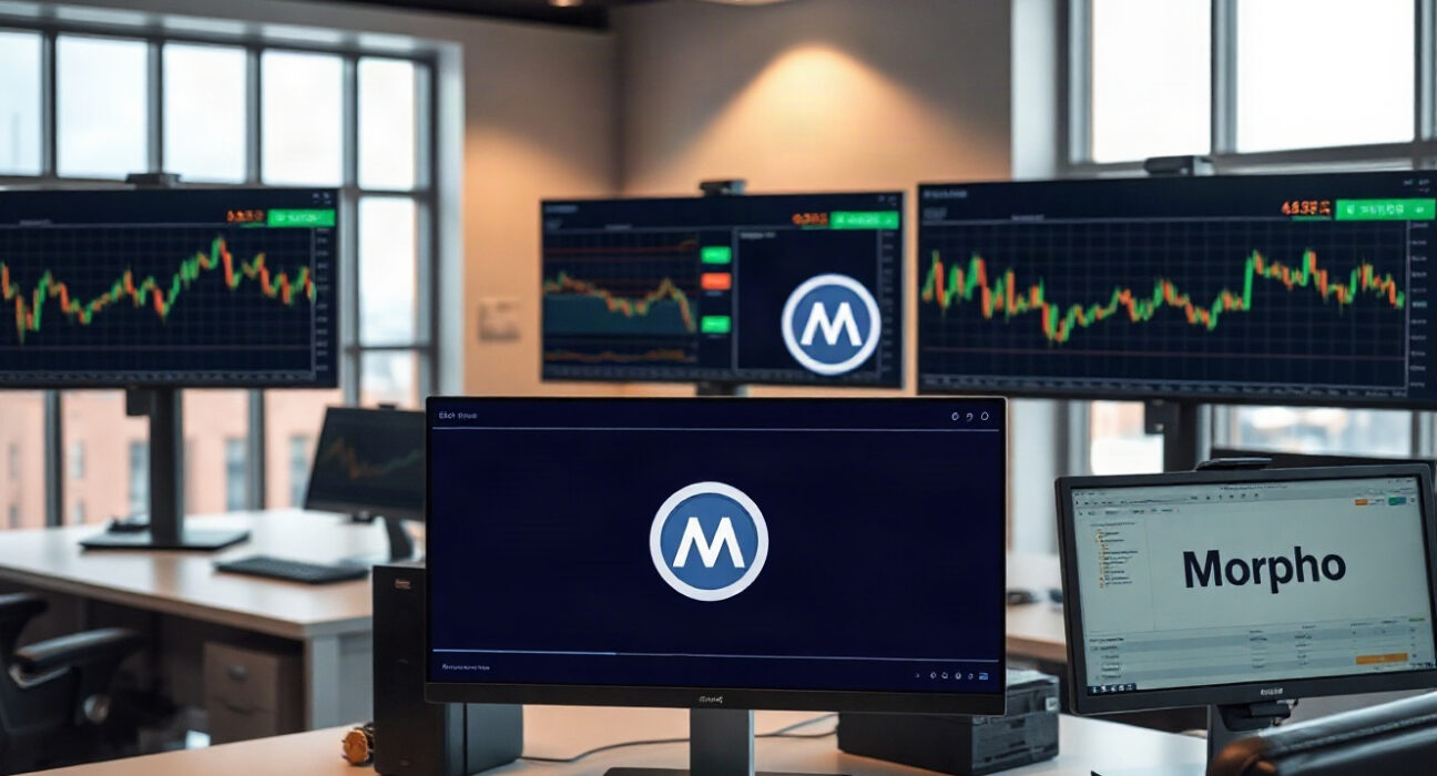 Digital finance dashboard with Morpho vault interface in a modern trading office