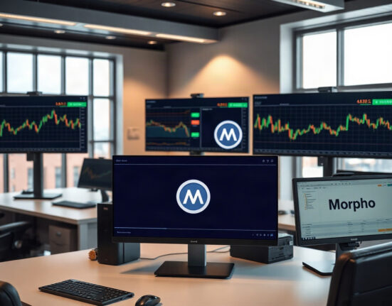 Digital finance dashboard with Morpho vault interface in a modern trading office