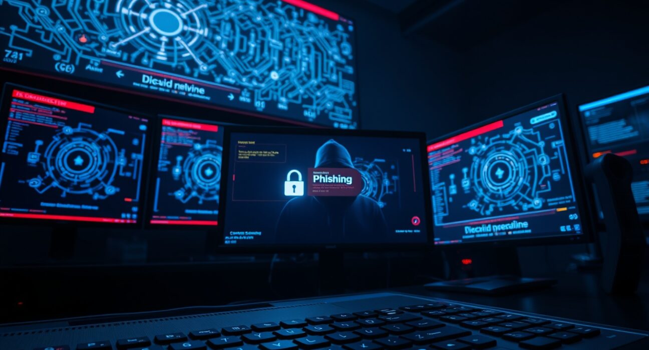 Dark security operations center with monitors showing blockchain hack alerts and a hacker silhouette