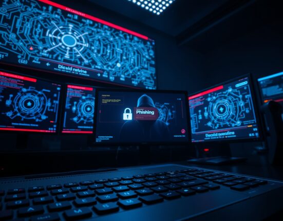 Dark security operations center with monitors showing blockchain hack alerts and a hacker silhouette