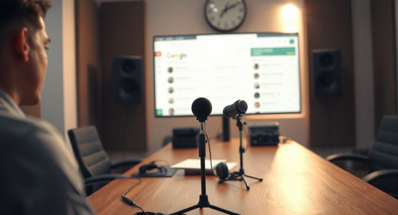 Podcast studio with microphones and a blurred monitor showing search results in the background
