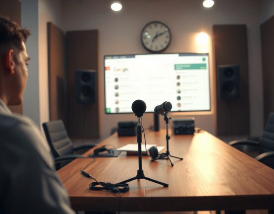 Podcast studio with microphones and a blurred monitor showing search results in the background