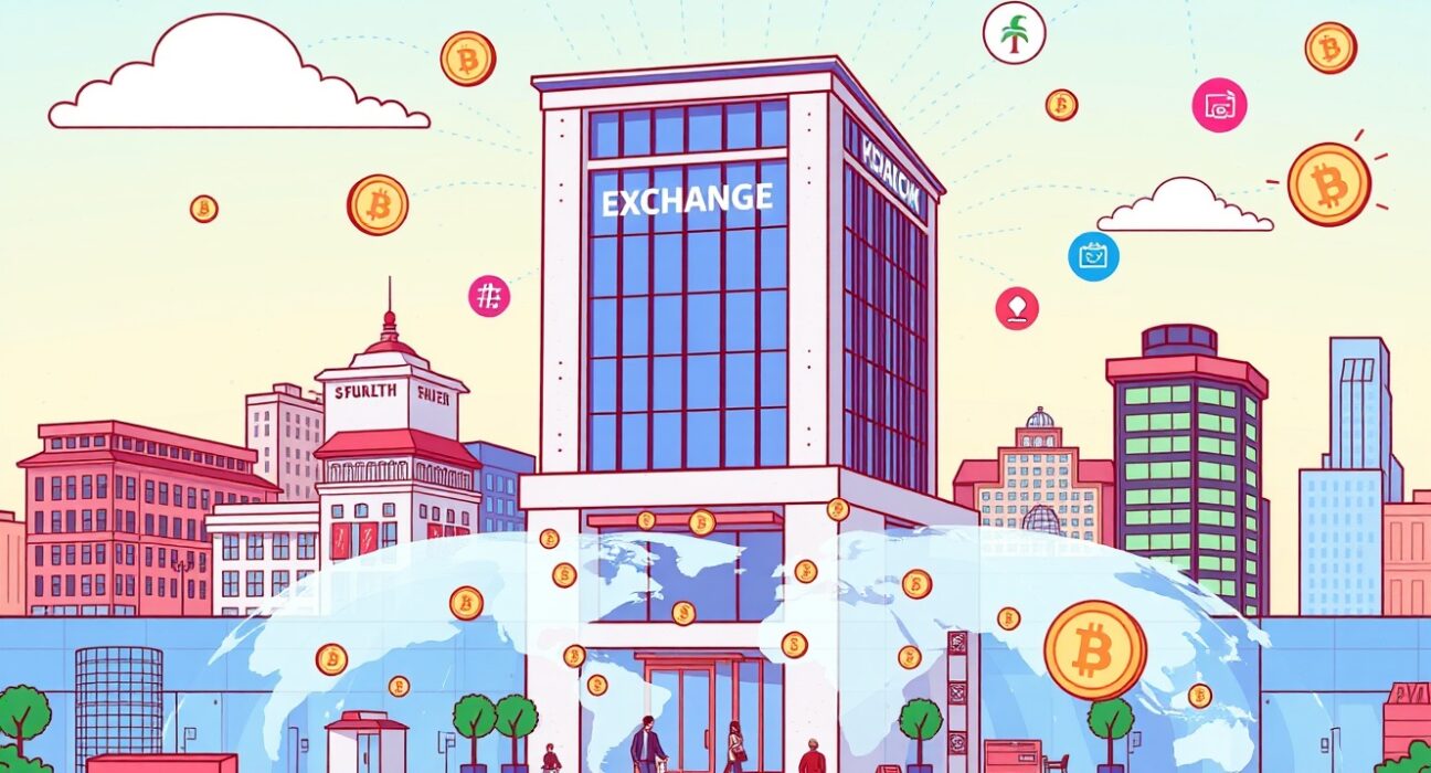 A cartoon illustration showing the Seoul Exchange building digitally connected to global markets, symbolizing the innovative future of RWA tokens and tokenized securities.