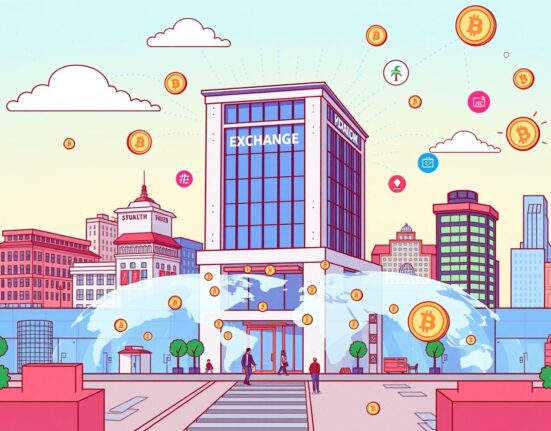 A cartoon illustration showing the Seoul Exchange building digitally connected to global markets, symbolizing the innovative future of RWA tokens and tokenized securities.