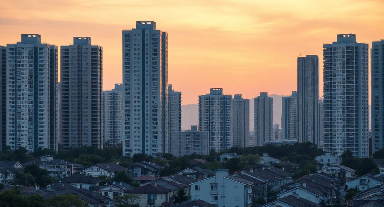 Seoul residential skyline at dusk with high-rise apartments, illustrating the housing market amid tighter lending rules.