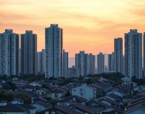Seoul residential skyline at dusk with high-rise apartments, illustrating the housing market amid tighter lending rules.