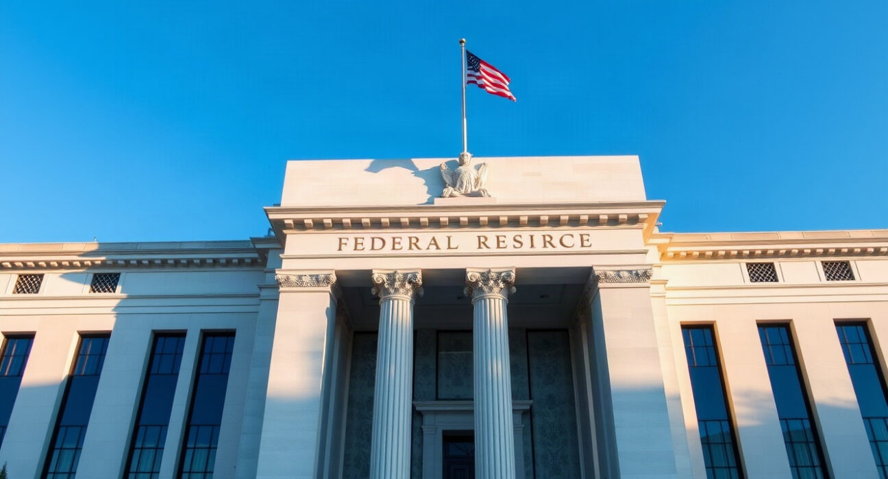 Federal Reserve building in Washington, D.C. under a clear sky, symbolizing monetary policy decisions.