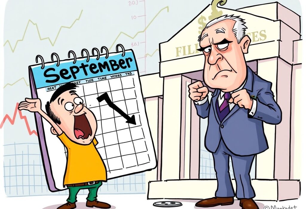 Cartoon showing market anticipation for a September Fed cut as a central bank figure adjusts interest rates.