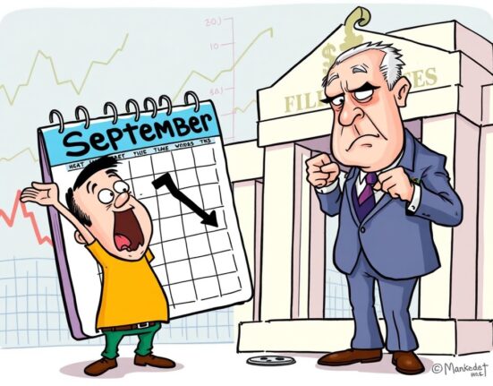 Cartoon showing market anticipation for a September Fed cut as a central bank figure adjusts interest rates.