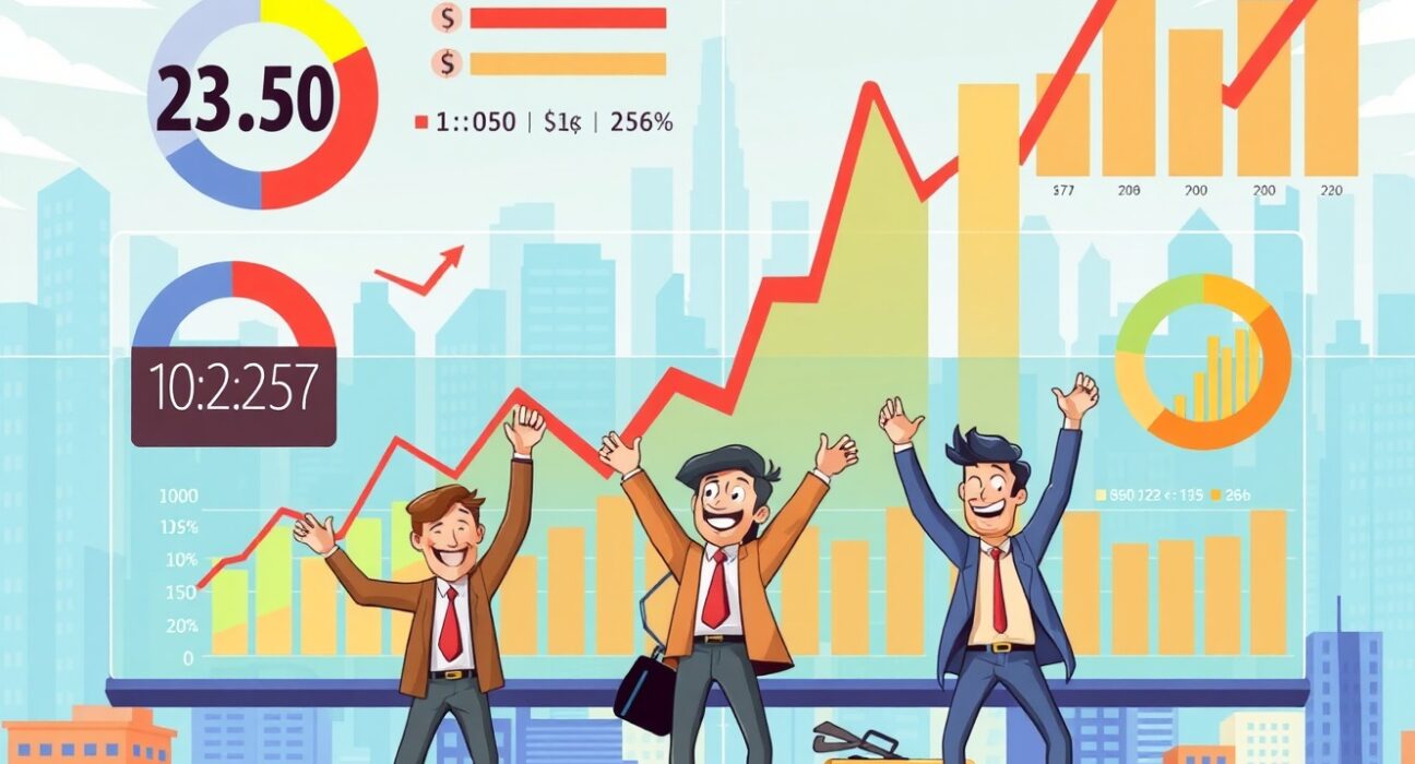 Cartoon illustration showing nonfarm payrolls growth with workers celebrating economic expansion