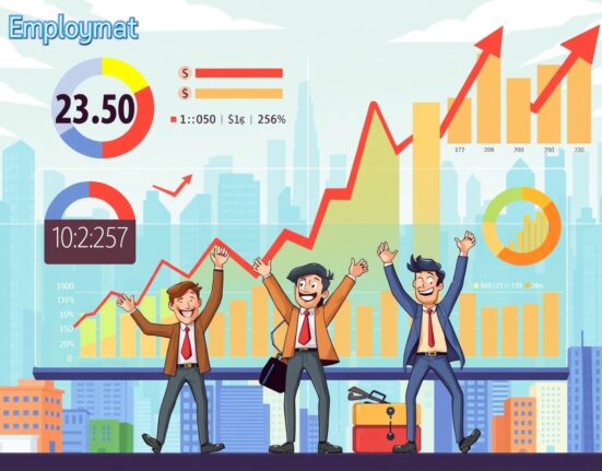 Cartoon illustration showing nonfarm payrolls growth with workers celebrating economic expansion