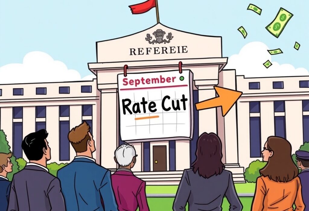 A cartoon illustration showing anticipation for a potential September rate cut by the Federal Reserve, with positive market sentiment.
