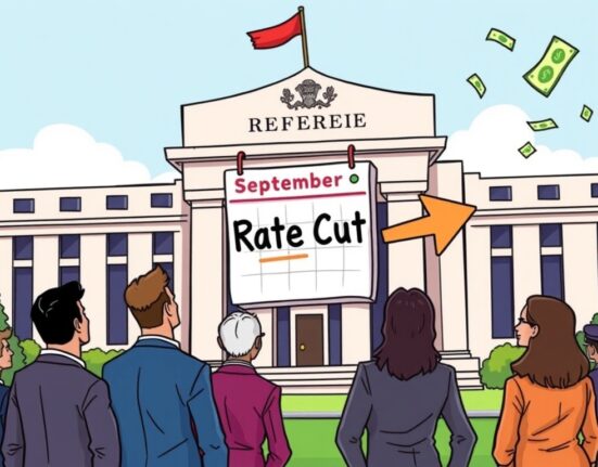 A cartoon illustration showing anticipation for a potential September rate cut by the Federal Reserve, with positive market sentiment.