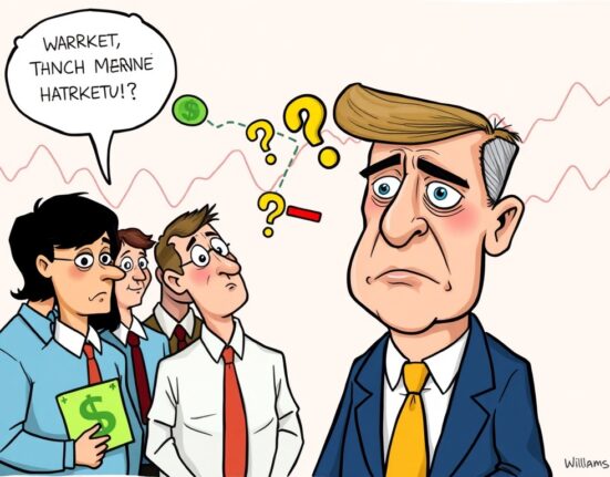 Cartoon showing investors reacting to the Fed's silence on a potential September rate cut, highlighting market uncertainty.