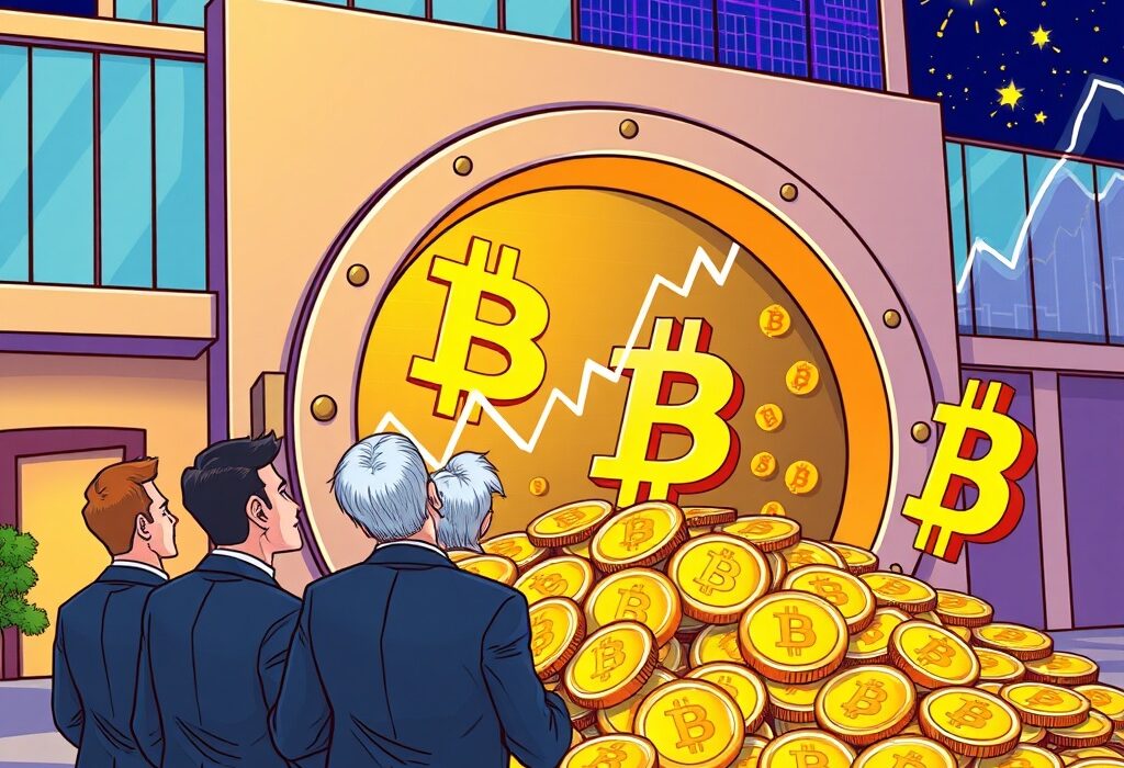 A cartoon illustration of business figures examining a large stack of Bitcoin, symbolizing Sequans Bitcoin acquisition and corporate crypto strategy.