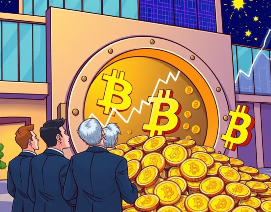 A cartoon illustration of business figures examining a large stack of Bitcoin, symbolizing Sequans Bitcoin acquisition and corporate crypto strategy.