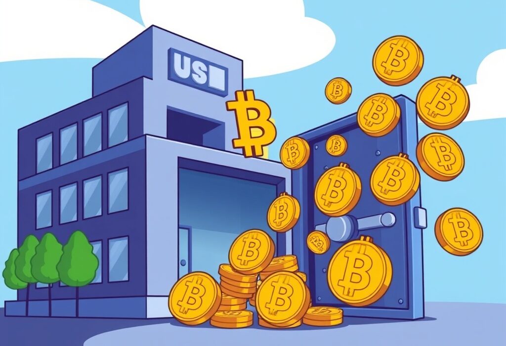 A vibrant cartoon image showing a company's ambitious plan to acquire 100K Bitcoin, symbolizing corporate Bitcoin adoption and future investment.
