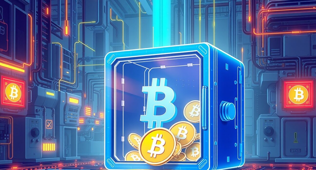 A cartoon illustration showing secure institutional Bitcoin adoption by a tech company, featuring Bitcoin symbols and digital assets.