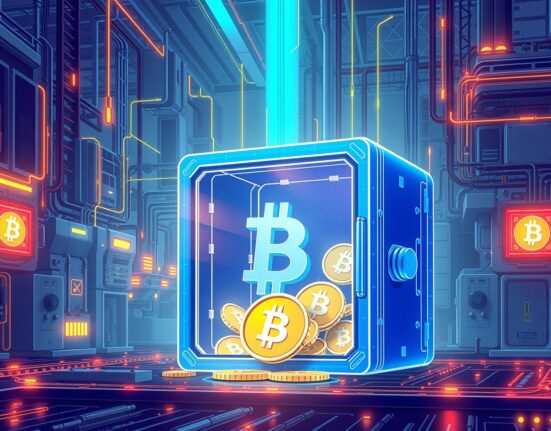 A cartoon illustration showing secure institutional Bitcoin adoption by a tech company, featuring Bitcoin symbols and digital assets.