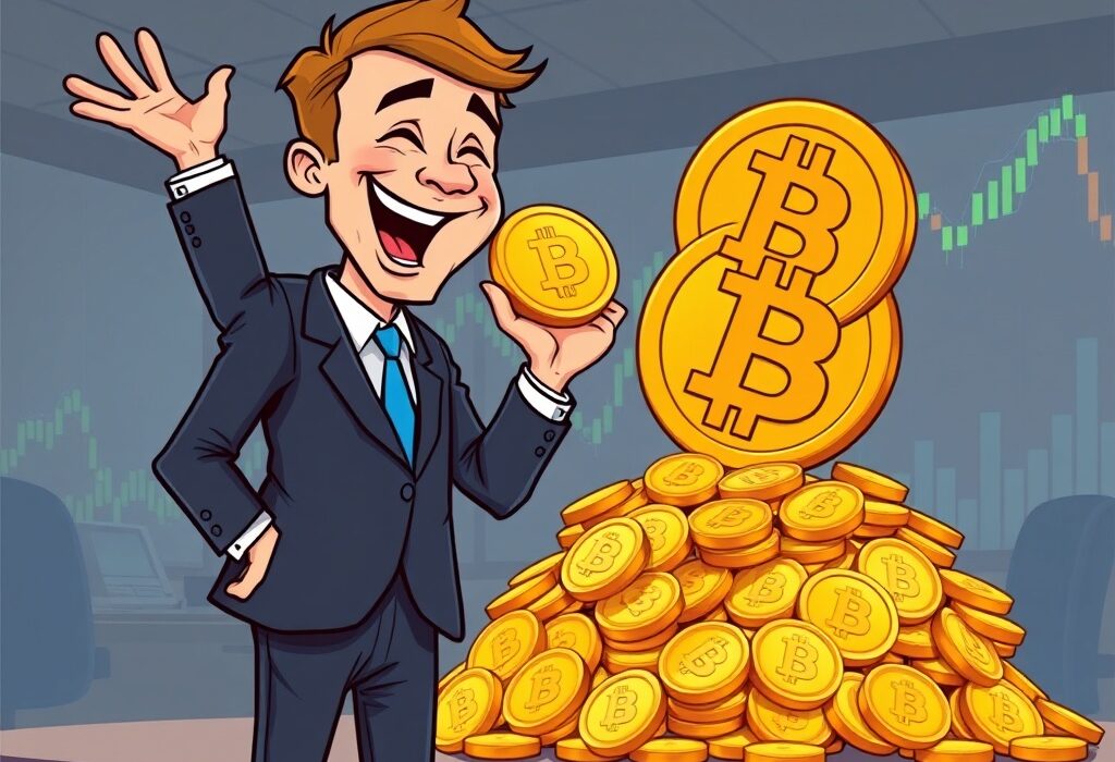 Cartoon of a businessperson adding Bitcoin to a large pile, illustrating Sequans Bitcoin investment and growing corporate Bitcoin strategy.