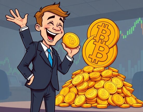 Cartoon of a businessperson adding Bitcoin to a large pile, illustrating Sequans Bitcoin investment and growing corporate Bitcoin strategy.