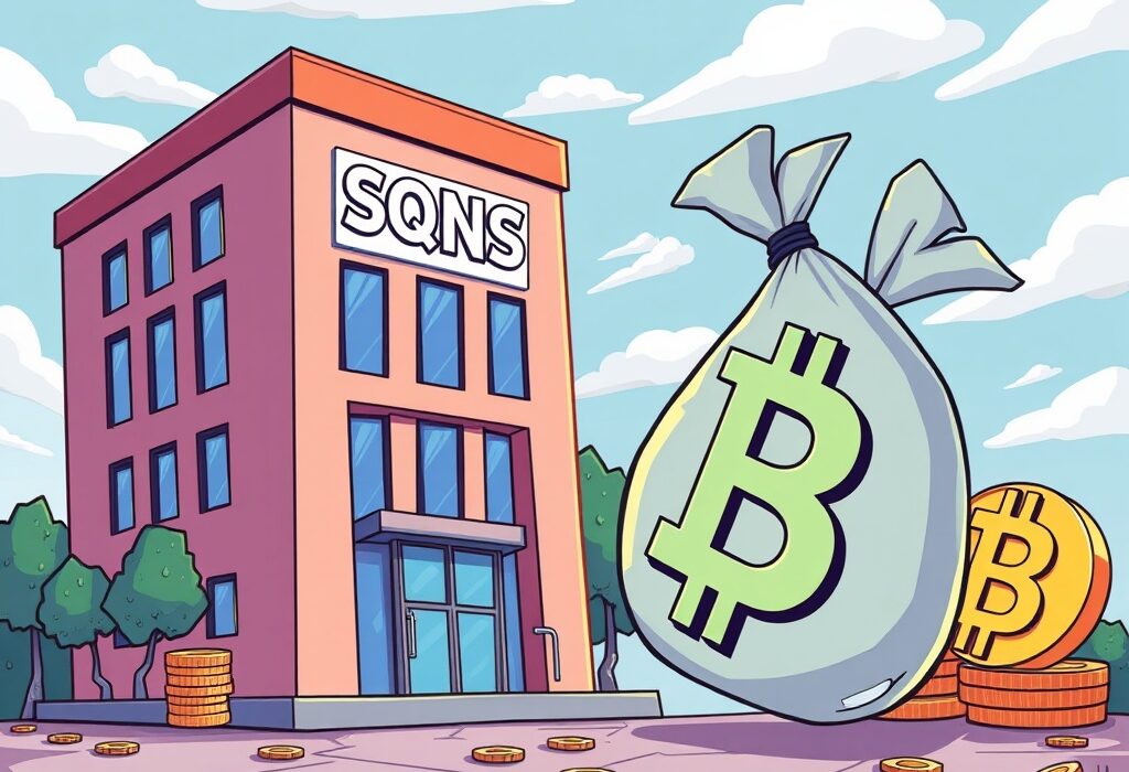 A cartoon illustration of a company strategically acquiring Bitcoin through an equity raise, symbolizing Sequans Bitcoin purchase.