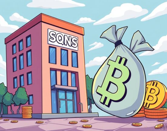 A cartoon illustration of a company strategically acquiring Bitcoin through an equity raise, symbolizing Sequans Bitcoin purchase.