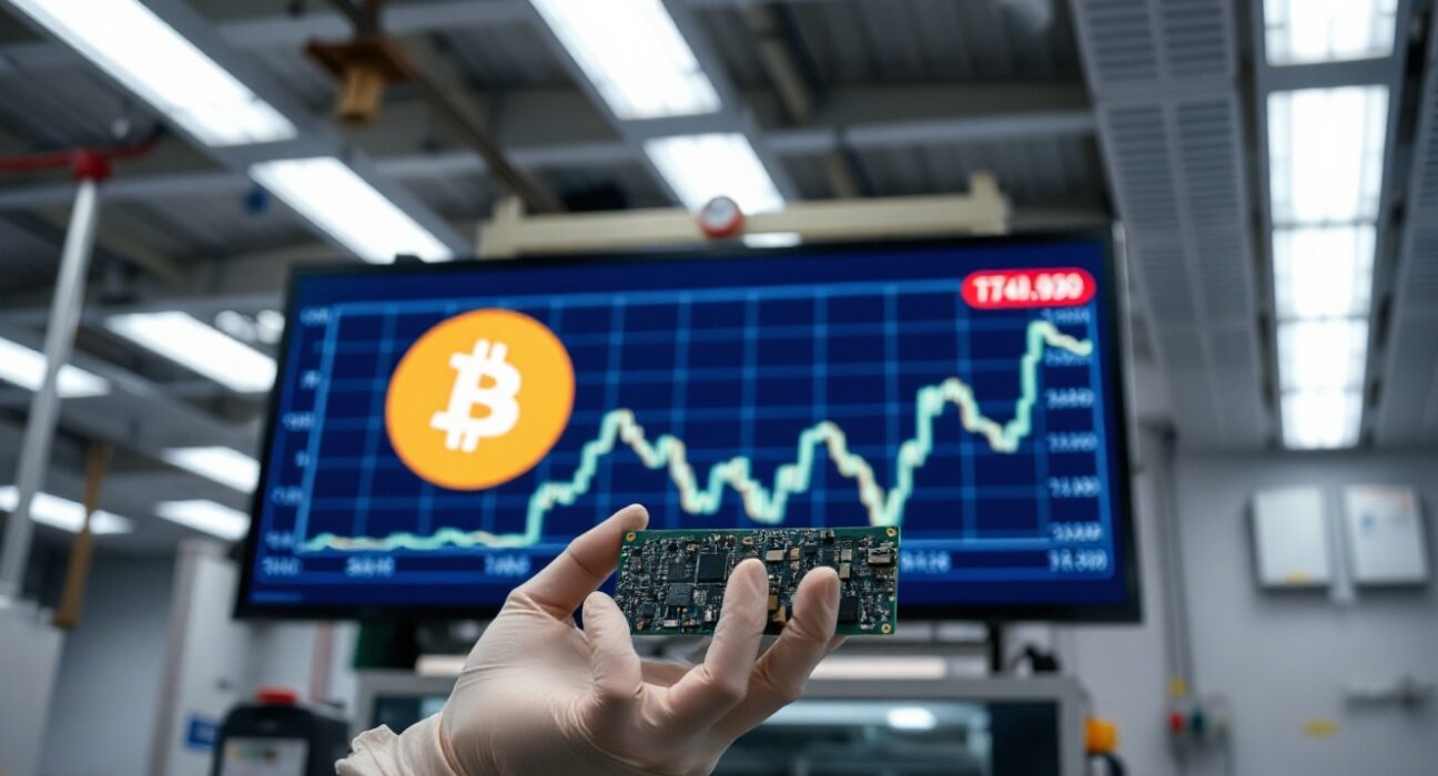 Technician in cleanroom holding circuit board with Bitcoin chart on screen behind