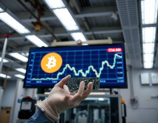 Technician in cleanroom holding circuit board with Bitcoin chart on screen behind