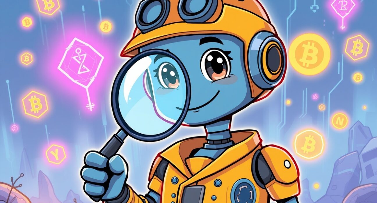 A futuristic AI agent, SERA-Crypto, analyzing real-time blockchain data streams and cryptocurrency symbols to provide accurate research.