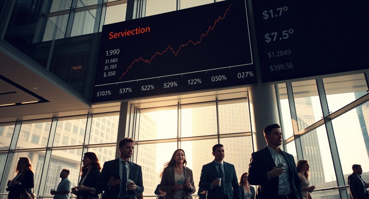 Busy US office lobby with professionals and financial data screens showing inflation trends