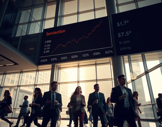 Busy US office lobby with professionals and financial data screens showing inflation trends
